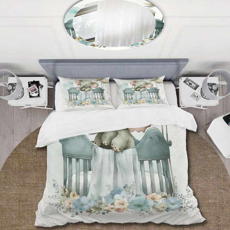 Baby Elephant In Crib With Flowers I - Ensemble de housse de couette animaux - Microfibre de polyester