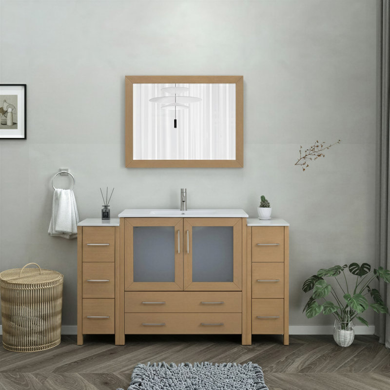 Meuble-lavabo simple 60 po avec plateau et miroir, Chêne naturel / nickel brossé