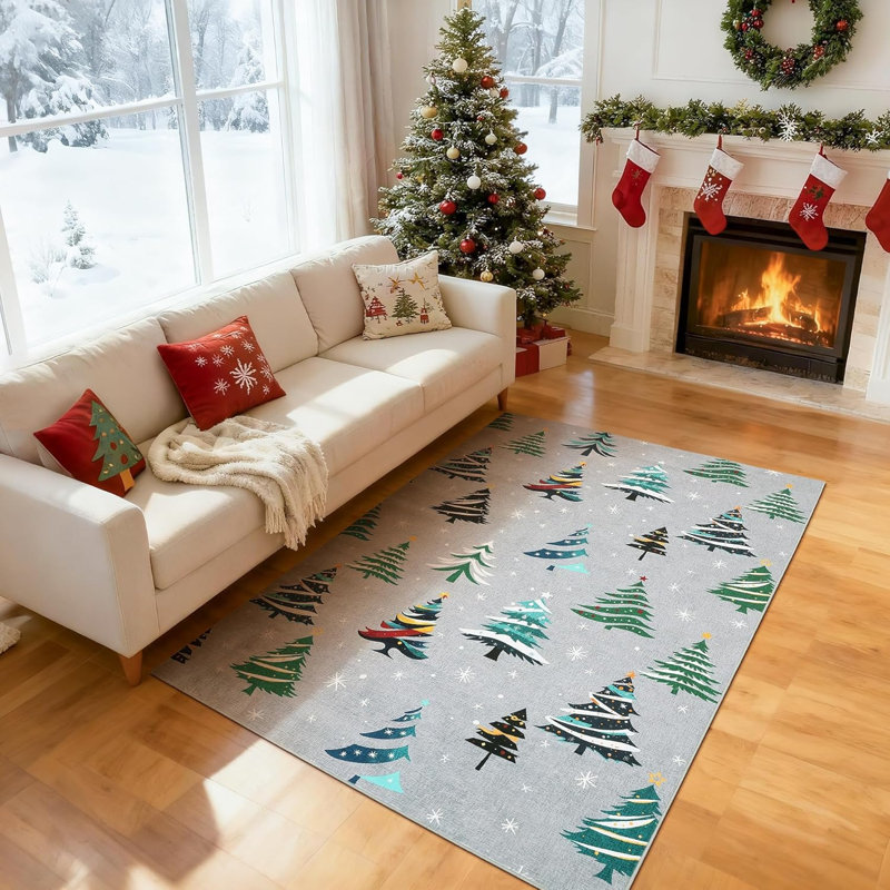 Christmas Rugs with Xmas Tree Pattern for Holiday Decor, Non Slip Low Pile Washable Rug for Kitchen, Entryway, Living Room, Bedroom