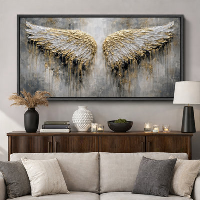 Gold Distressed Angel Wings Grunge Abstract Spiritual Wall Decor Extra Large Pictures Framed Canvas Print Wall Art