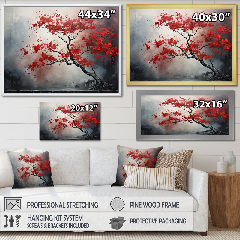 " Fiery Red Maple Tree I ", 12" H x 20" W x 1" D, Natural Floater Frame