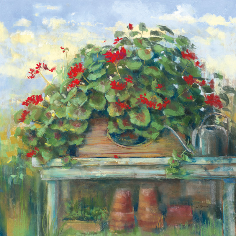 «Geranium Bench» par Carol Rowan, reproduction d'art sur toile tendue, H 30 po x l 30 po