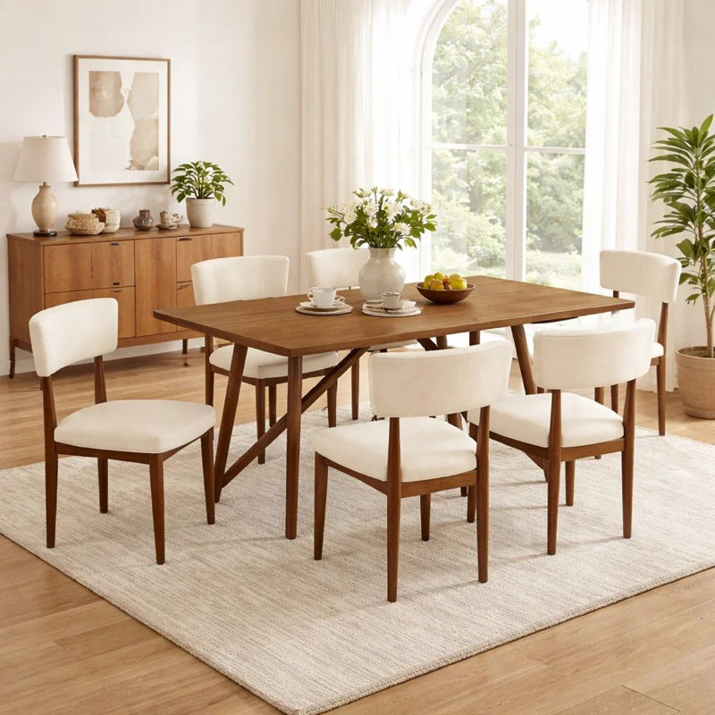 Ensemble de salle à manger 7 pièces Meny, chaises en sherpa beige, plateau en chêne noyer de 70 pouces
