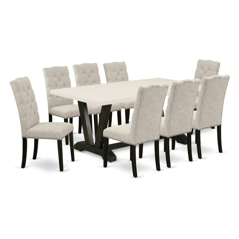 9-Pc Set with a beautiful Linen White Modern Dining Table top and 8 Doeskin Parson chairs with Nail Heads and Button Tufted, Wire Brushed Black Finish