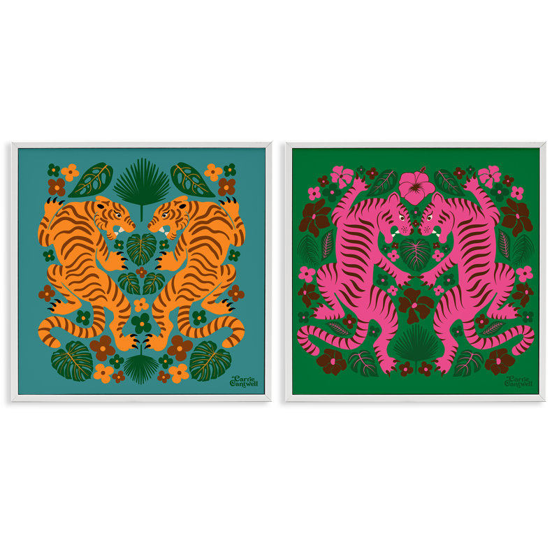 «Eclectic Twin Tigers», ensemble de 2 giclées par Carrie Cantwell, Estampe numérique encadrée blanc bord de mer