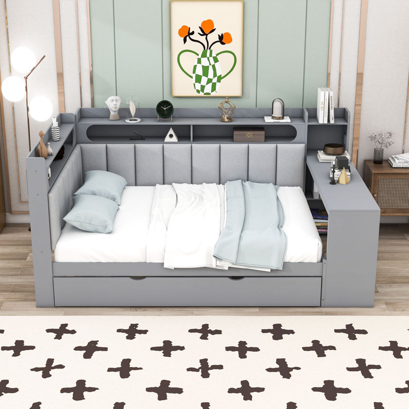 Full-Size Daybed with Built-in Storage, Desk, LED Lighting, and Charging Station, Gray
