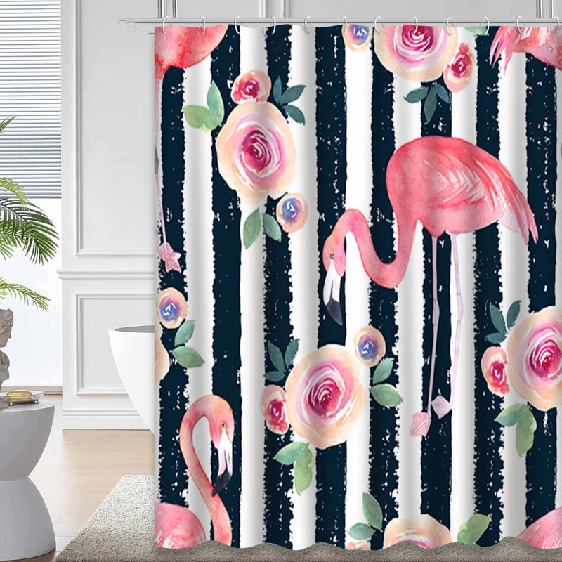 Rideau de douche Watercolor Floral Flamingo Art avec 12 crochets, L 72 po x l 78 po