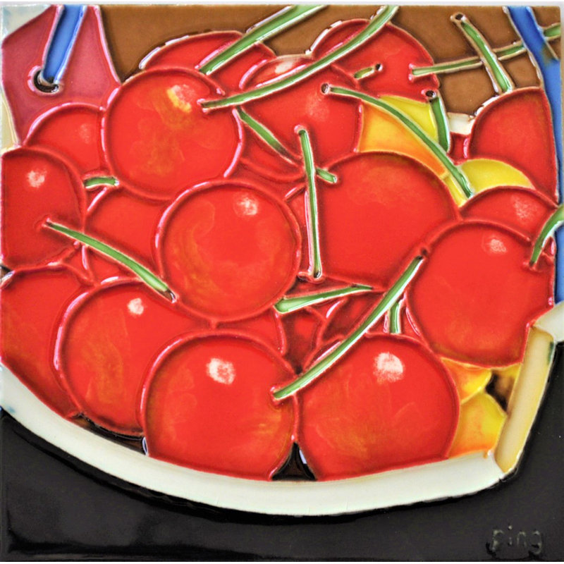 Hand Painted Glossy Ceramic Wall Art Tile with Red Cherries