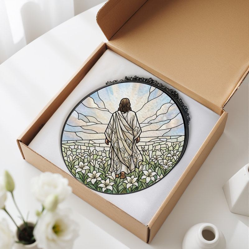 Jesus Lilies Stained Glass Window Panel，7.8H, 7.8"H