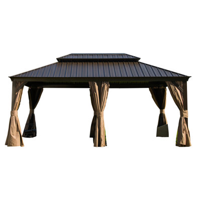 12'X18' Gazebo In Brown, Outdoor Aluminum Frame With Galvanized Steel Roof, For Lawn - To Harsh Weather, Privacy Screen House 84 Curtain And Net Roof  Brown  Curtain, Backyard