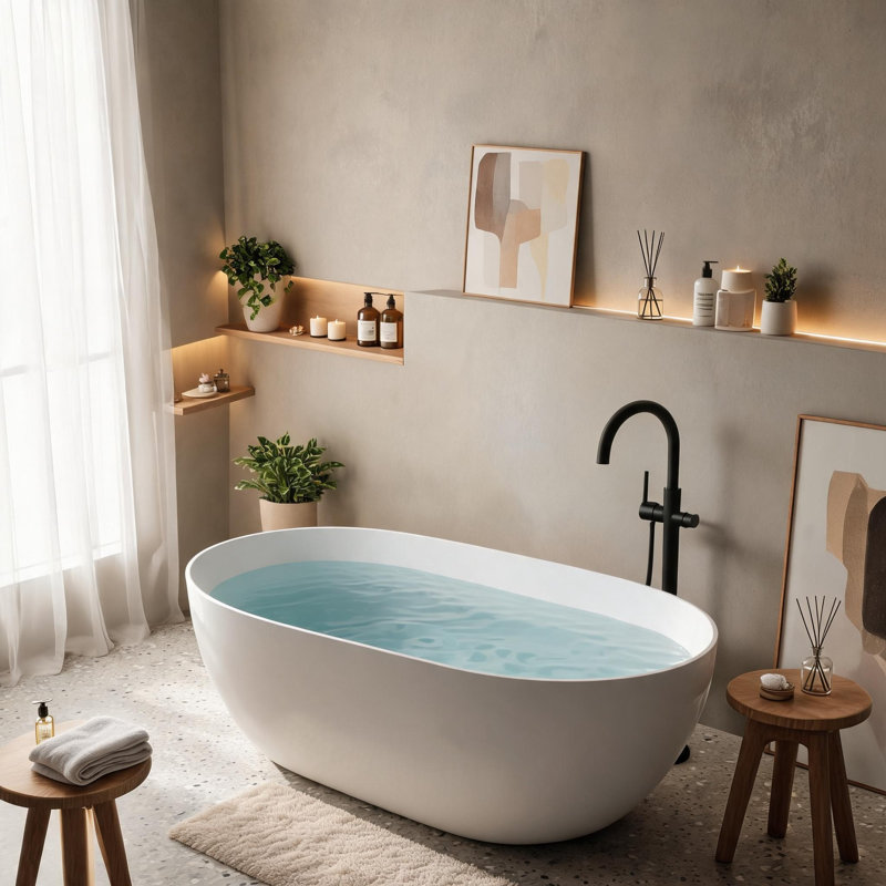 Baignoire de trempage autoportante à surface solide blanc mat 65 pouces avec trop-plein et bonde escamotable