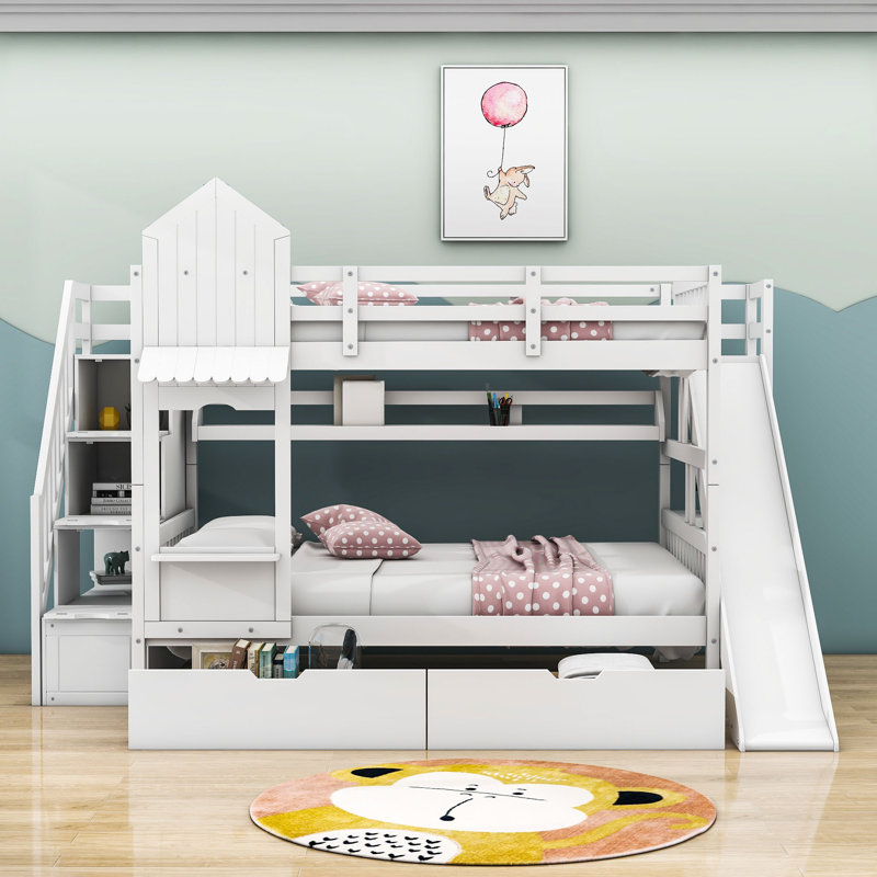 Lit superposé en bois avec tablettes et glissière Jahmya, Blanc, Double sur double