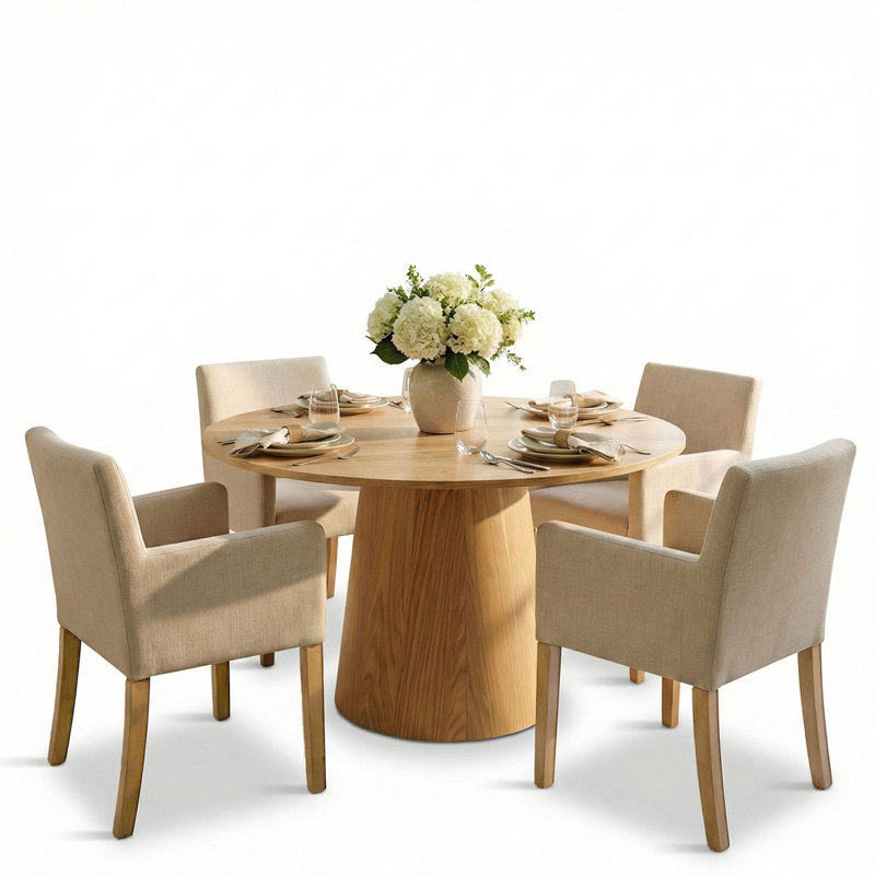 Sarosh 4 - Person Dining Table Sets With 52'' Round Table & 4 Upholstered Linen Armchairs, Beige
