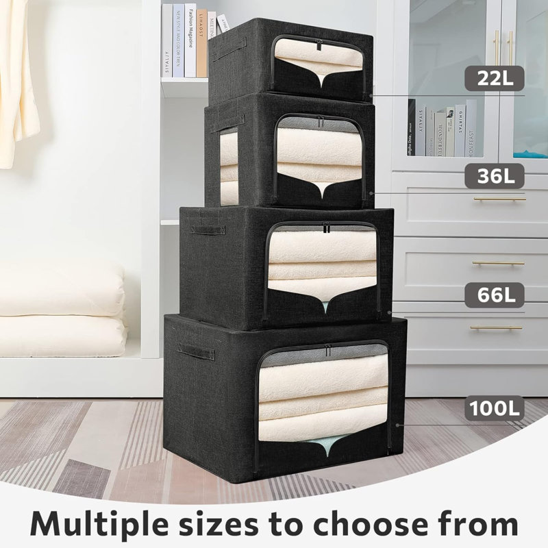 Ensemble de 3 bacs de rangement pour vêtements, boîte de rangement pliable en métal, ensemble de rangement en tissu empilable avec poignées de transport et fenêtre transparente