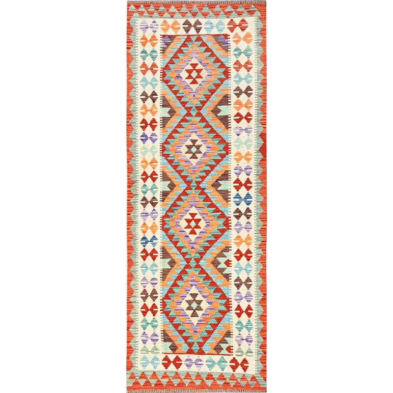 2 pi 9 po x 8 pi 1 po coloré, tissé à la main, tissé à plat, 100% laine, kilim afghan avec motif géométrique, colorants végétaux, réversible, tapis de couloir, tapis oriental