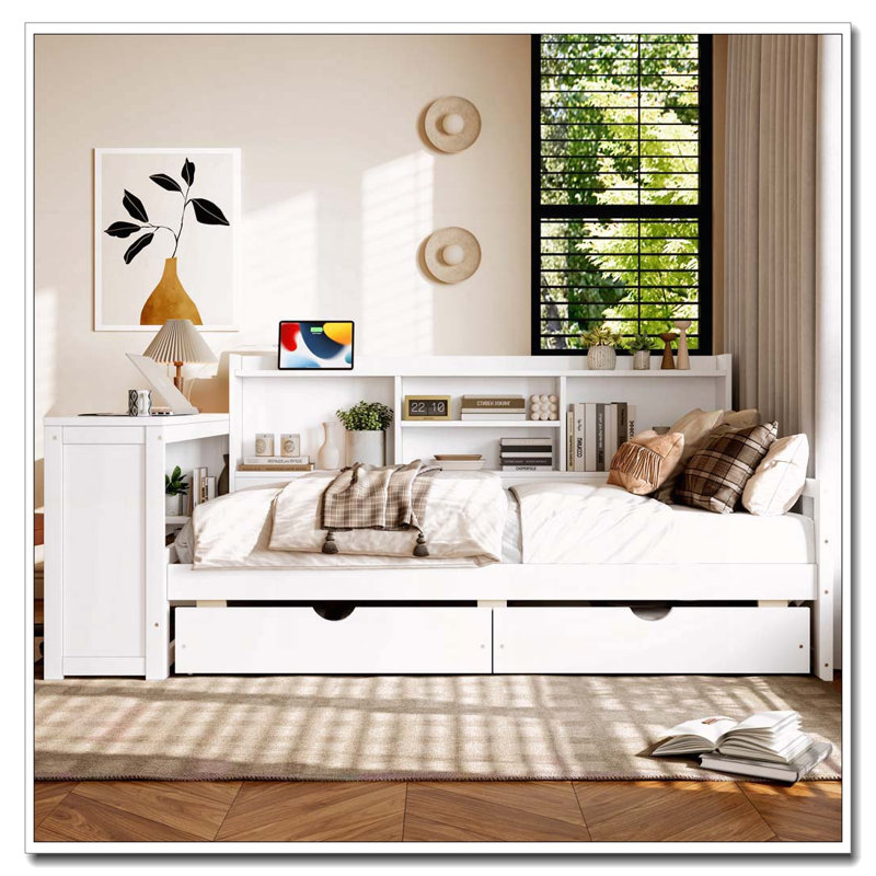 Twin Size Corner Daybed with Storage Drawers & Desk & Charging Port & Bookcase, White