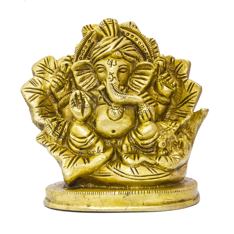 Statue de seigneur Ganesha en laiton fait à la main - 3 pouces assis sur un canapé à fleurs pour des décorations spirituelles, des autels et des objets de prospérité