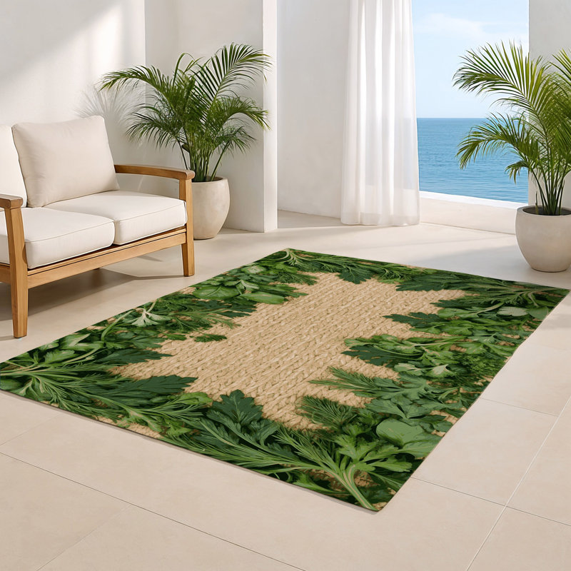 Botanical Green Indoor and Outdoor Area Rug, Rectangle 4' x 6'