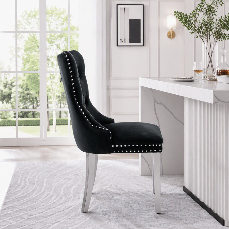 Ensemble de chaises de salle à manger modernes en velours avec pieds chromés et garniture cloutée, 2, Velours noir