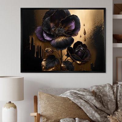 «Black and Gold Violets II» - art mural violet pour le salon