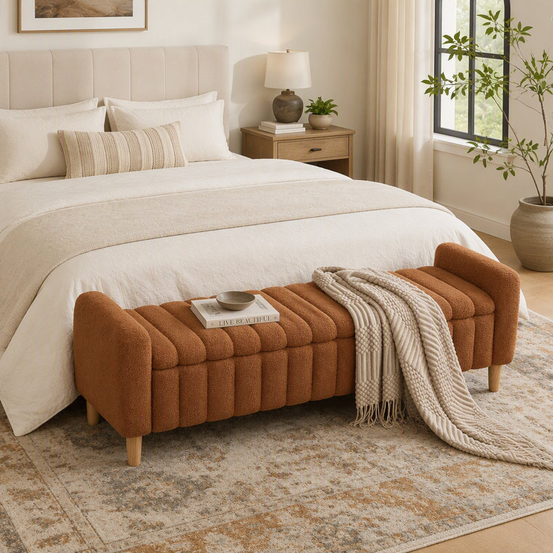 Banc de lit moderne capitonné de 161 cm de large, avec couvercle rabattable capitonné à vagues, accoudoirs et pieds en bois massif, idéal pour plusieurs pièces, couleur caramel.
