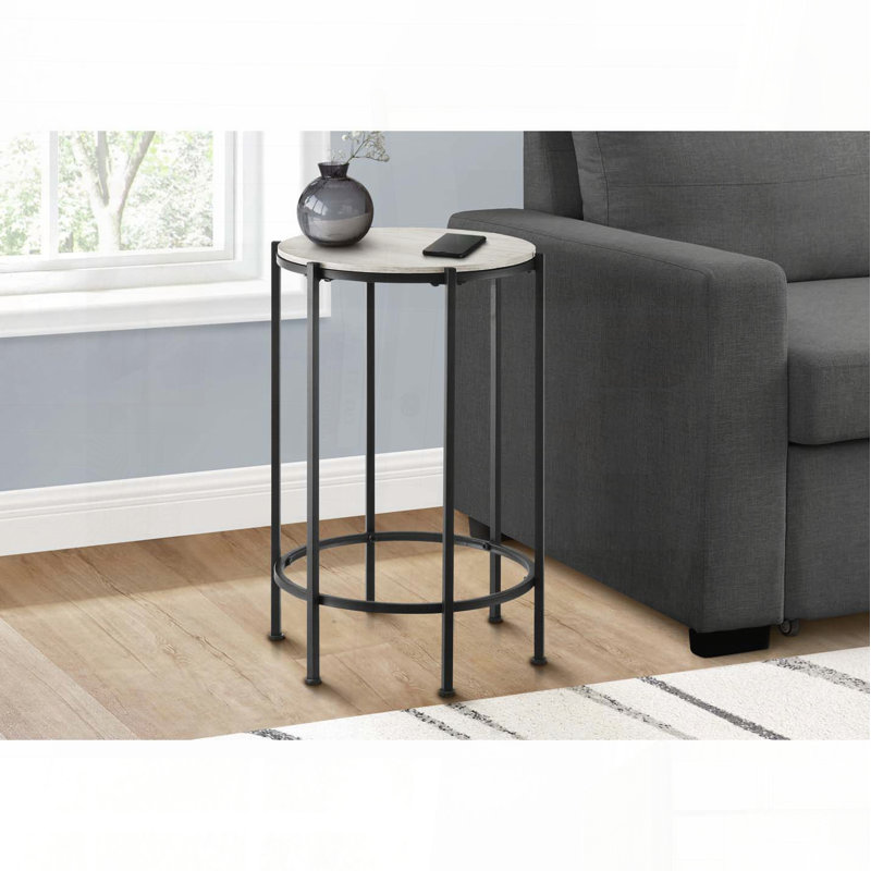 Round Accent Table with Washed Oak Laminate and Black Metal Legs, Washed Oak Top/Black Base