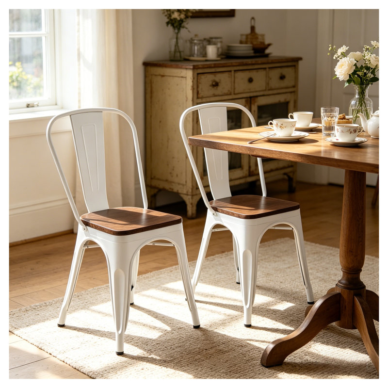 Ensemble de 2 chaises de salle à manger industrielles avec structure en métal blanc ultrabrillant et siège en bois de noyer