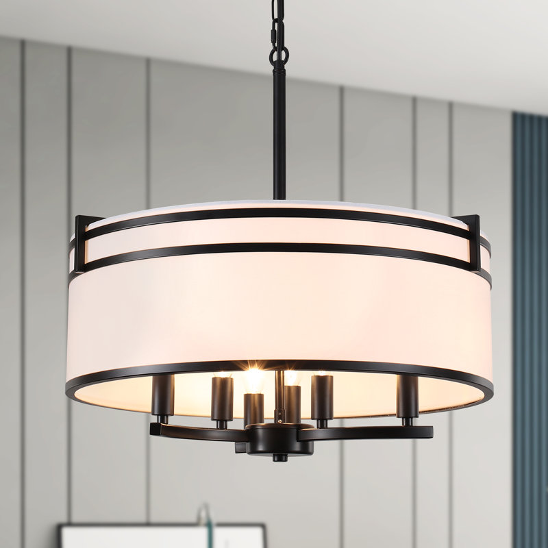 Lustre à tambour moderne de style ferme à 6 lumières, à intensité variable, avec abat-jour rond en lin, Noir mat
