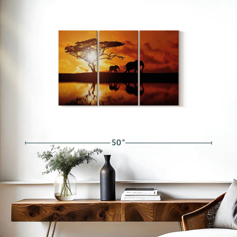 Brampt Elephant Silhouettes At Sunset, 20" H x 33" W