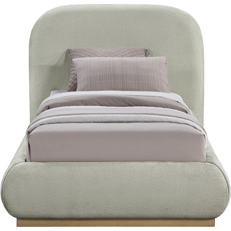 Humayrah Upholstered Panel Bed, Twin, Mint Chenille Fabric / Stained Natural
