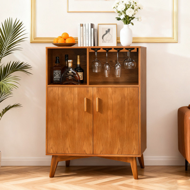 Armoire à vin rustique 31,5 "avec support en verre et tablette réglable, bar à liqueurs autoportant avec rangement pour décor de salle à manger, de cuisine et de maison de campagne