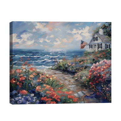 Coastal Cottage Canvas Wall Art 30 x 20 Inch Independence Day Seaside Flag Wall Décor
