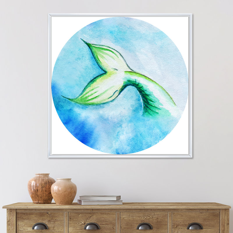 «Mermaid Fish Tail», peinture sur toile, H 16 po x l 16 po x P 1 po, Cadre flottant noir