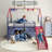 Metal Twin Loft Bed for Kids with Slide, Curtain, Pennant Banner & Star Stickers – Fun Playhouse Design, Super Hero Color Navy Blue and Red-535015203