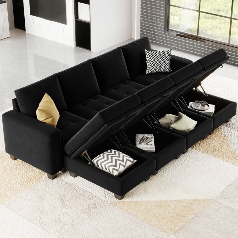Canapé-lit convertible en velours 7 pièces Shavera, Velours noir