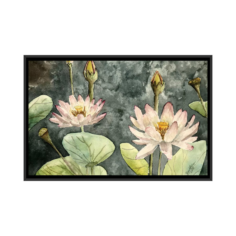 « lotus fleurs », impression sur toile, H 18 po x l 26 po x P 1,5 po, Toile avec cadre noir, Pas de tapis