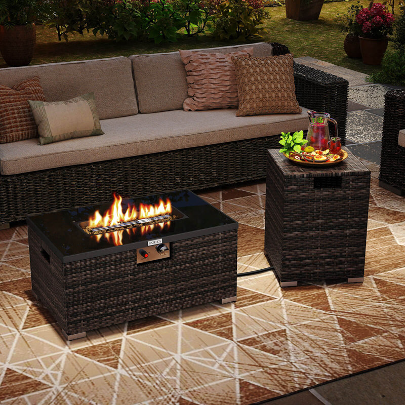 2 PCS Outdoor Rattan Fire Table Set with Tank Cover Tempered Glass Tabletop Brown, Brown