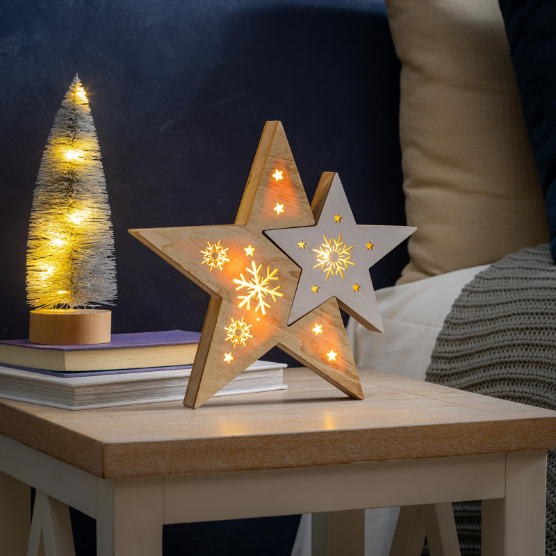 Décoration de table DEL en duo étoile en bois, 10,5 po H