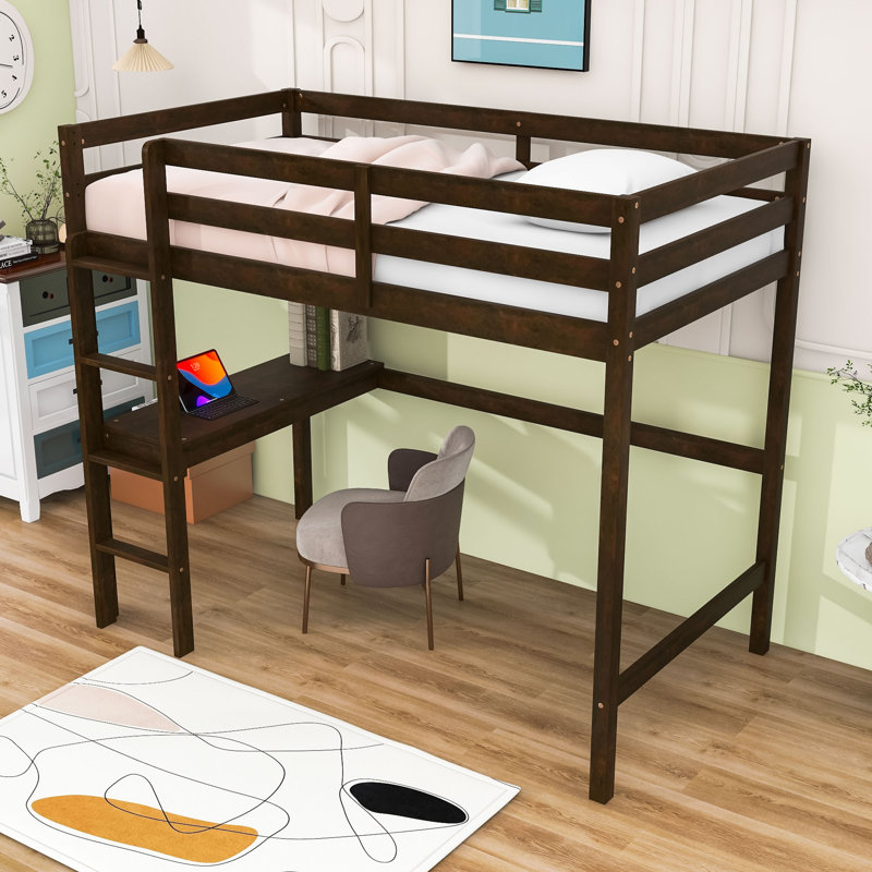 Lit mezzanine simple avec bureau d'étude intégré, barrière de sécurité et échelle, Espresso