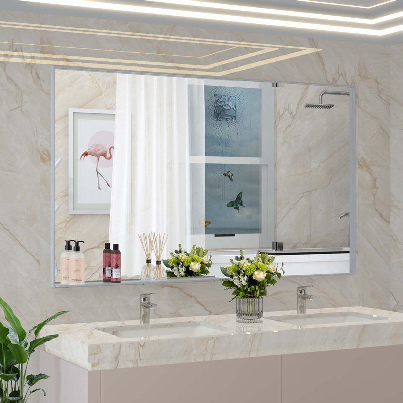 Miroir de salle de bain surdimensionné avec plateau mural amovible, Silver, 36" x 60"