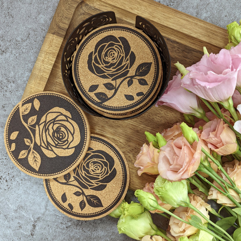 Black Rose Cork Round Coaster Set with Metal Holder