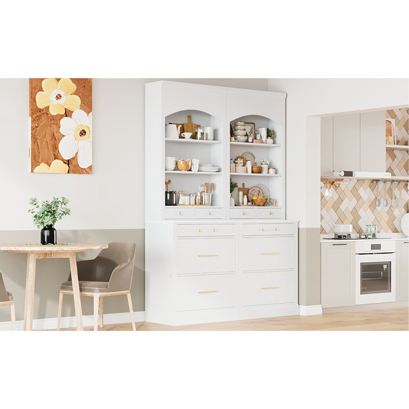 Modern 83.7Inch High Kitchen Pantry, Freestanding Tall Kitchen Hutch With Faux Marble Top,Cupboard Cabinet With 5 Storage Drawers And Adjustable Shelf, Set Of 2, White