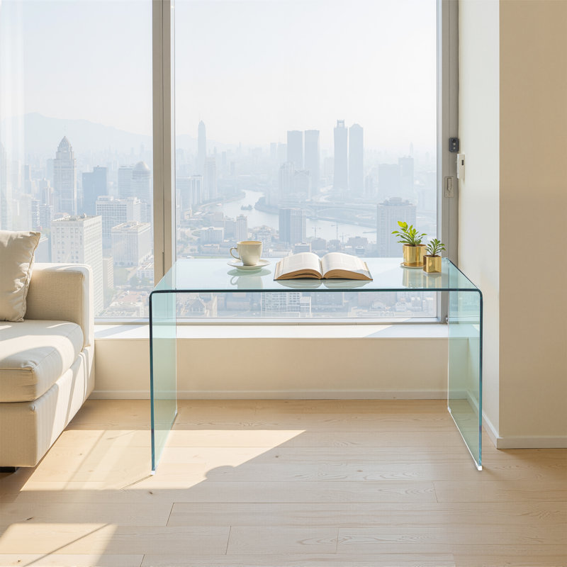 Console en verre trempé transparent à bords arrondis pour le salon, le bureau et les espaces compacts