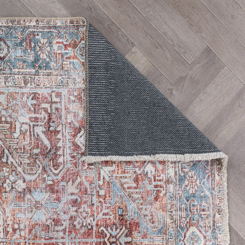 Tapis rouge / bleu lavable à la machine Kromer Medallion, Rectangle 10 pi x 14 pi