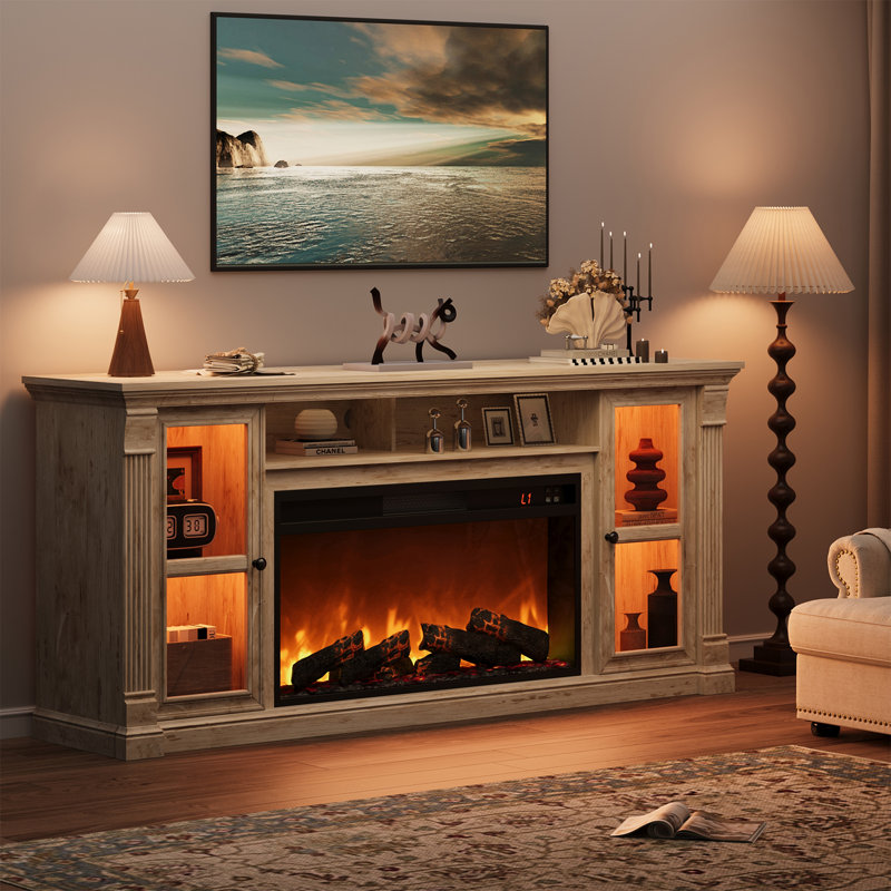 70"Electric Fireplace TV Stand - 7 Flame Colors, Adjustable Heat, Fits TVs Up to 80, Antique Brush Gray