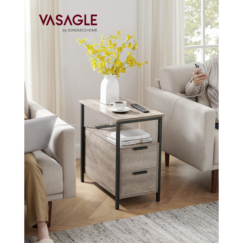 Side Table with Charging Station, Narrow End Table with 2 Drawers, Slim Nightstand and Bedside Table with Storage, for Small Spaces, Greige + Black