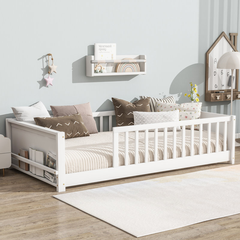 Twin Size Floor Platform Bed With Built-In Book Rack, White