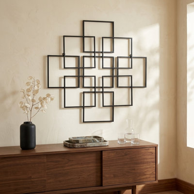 Richese Geometric Modern Metal Wall Sculpture, Black Finish, 30"
