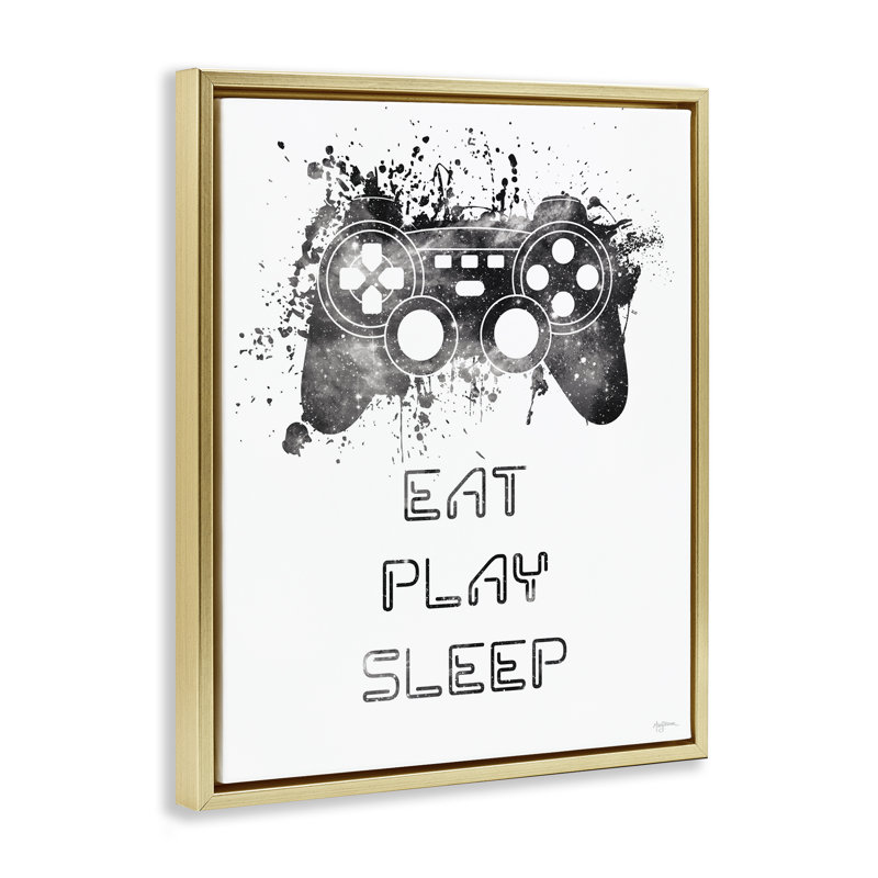 "Eat Play Sleep Gaming", art mural encadré par Mary Urban, H 31 po x l 25 po, Cadre flottant métallique doré