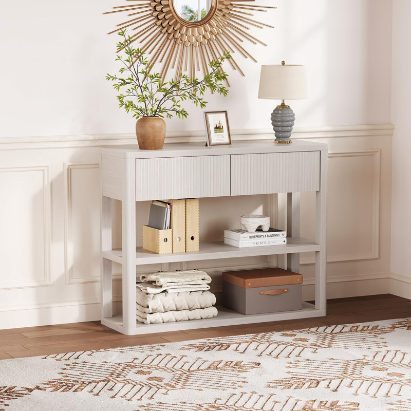 Table d'entrée cannelée de 34,6 po avec 2 tiroirs, console avec tablettes de rangement à 3 niveaux, table de canapé moderne derrière le canapé pour le vestibule du vestibule du salon
